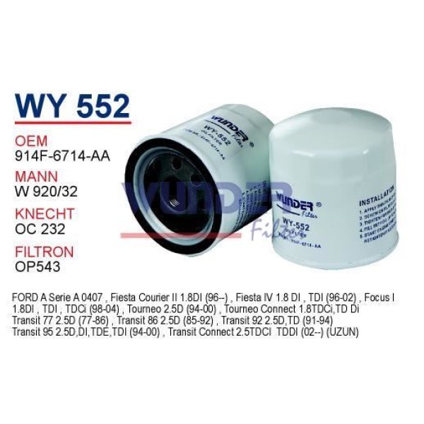 WUNDER WY552 Yağ Filtresi Fiesta IV V Focus I II Transit Connect Transit T15 1.8 TDCI 1.8 TDI 1.8Dı 