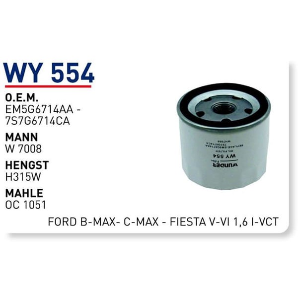 WUNDER WY554 Yağ Filtresi Ford B-Max- C-Max - Fiesta V-VI 1,6 Ti-Vct