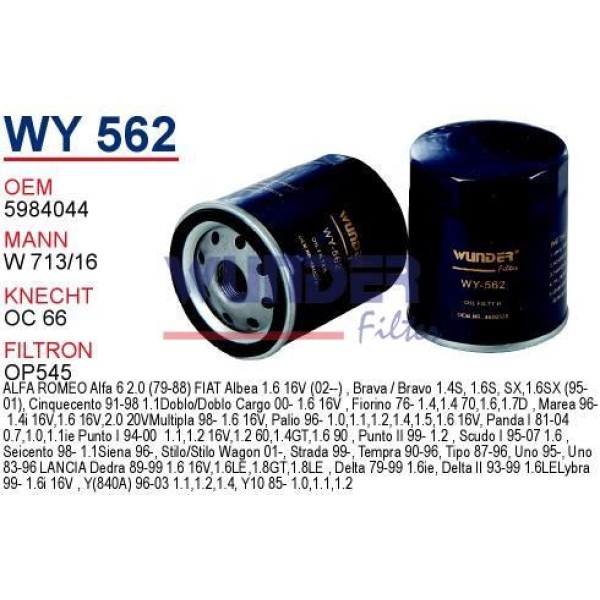 WUNDER WY562 Yağ Filtresi Murat 131 SLX Palio 1.6 16V 1.4 Albea 1.2 -01 1.6 16V Tempra 1.6Ie Tipo 1.