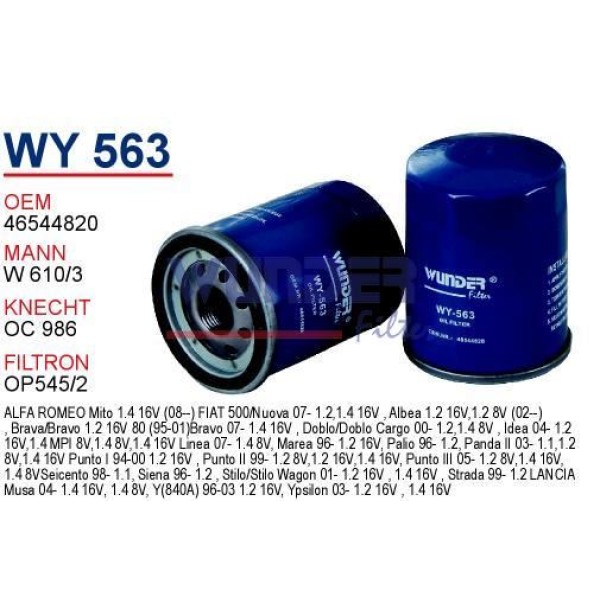 WUNDER WY563 Yağ Filtresi Honda Fiat Hyundai W610/3 Fn0195 