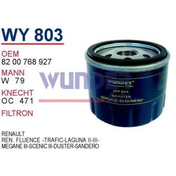 WUNDER WY803 Yağ Filtresi CLIO III 08- Kangoo 08- Megane II III Laguna Fluence Trafic II Master II / 