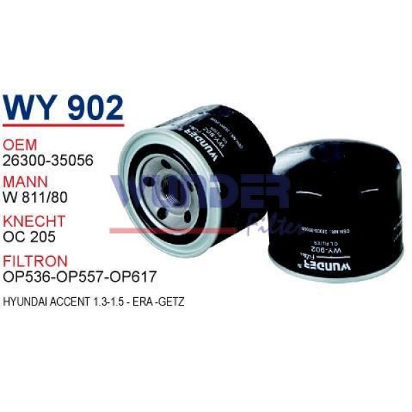 WUNDER WY902 Yağ Filtresi Accent Era 95-06 Excel Getz 94-05 İ20 İ30 11- Elantra / Ceed / 6 / Vitara