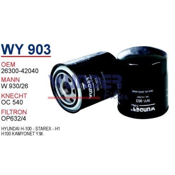 WUNDER WY903 Yağ Filtresi Starex 97- 2.5TDCI H1 01- 2.5 CRDI H100 2.5Tcı / Bongo Sorento / L300 Fn00 