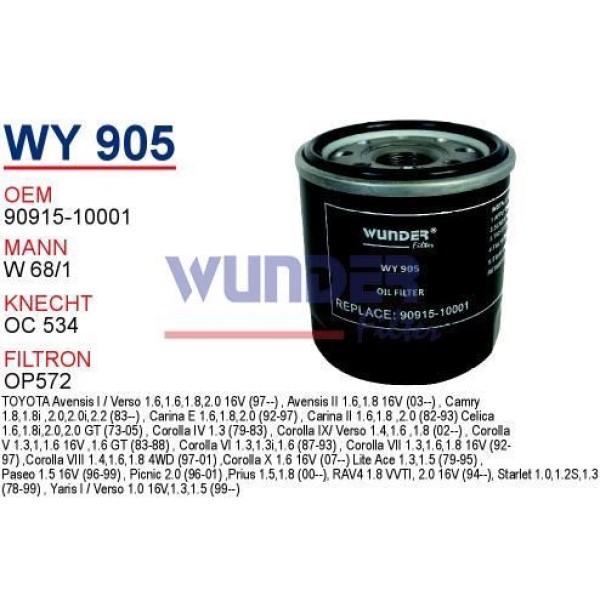 WUNDER WY905 Yağ Filtresi Corolla Auris Yaris Avensis Camry Benzinli W68/3 