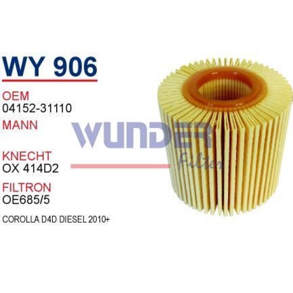 WUNDER WY906 Yağ Filtresi Corolla 13- Auris 10-12 Yaris 06- Urban Cruiser 13- 1.4 D4D Hu7019Z