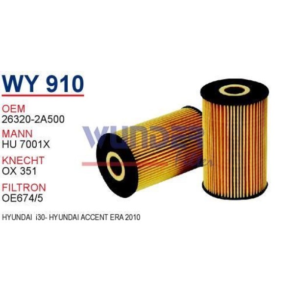 WUNDER WY910 Yağ Filtresi Accent Era 09- I20 09- I30 08-11 I40 08- / Ceed Pro 11- Ceed 08- Optima 12 