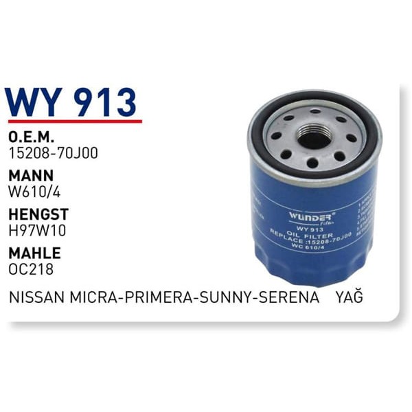 WUNDER WY913 Yağ Filtresi Nissan Micra III (K12) 1.2 12V 80Hp