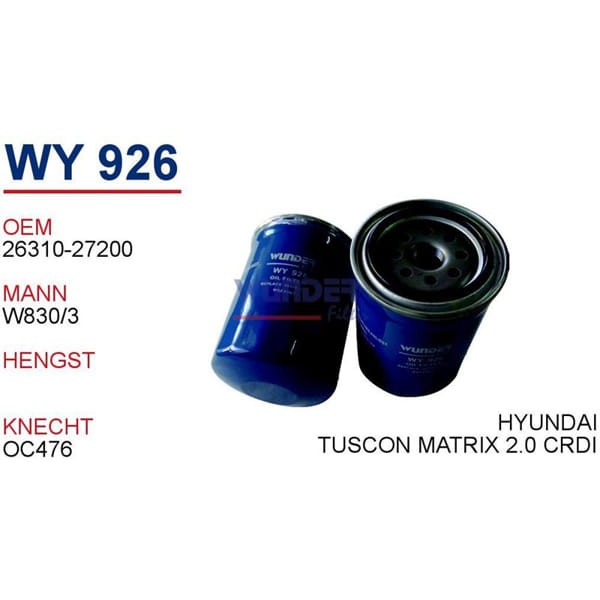 WUNDER WY926 Yağ Filtresi Hyundai Accent-Elentra-Tucson-Santafe-Matrix 1,5-2,0 CRDI