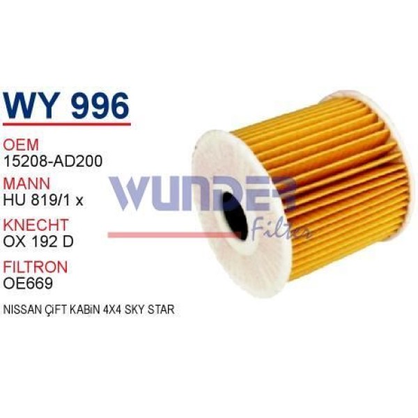 WUNDER WY996 Yağ Filtresi X-Traıl 01- Pıck-Up D23 Skystar 03- 