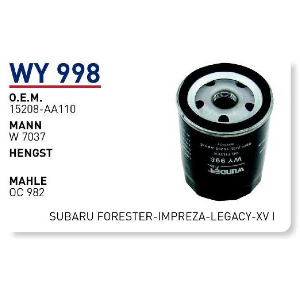 WUNDER WY998 Yağ Filtresi Subaru Forester-Impreza-Legacy-Xv I