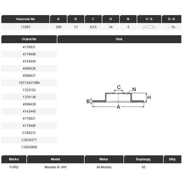 YAVUZSAN 13363 Fren Diski Arka Mondeo III 00- / X-Type 01- 280×12×63,5 5 Bijon