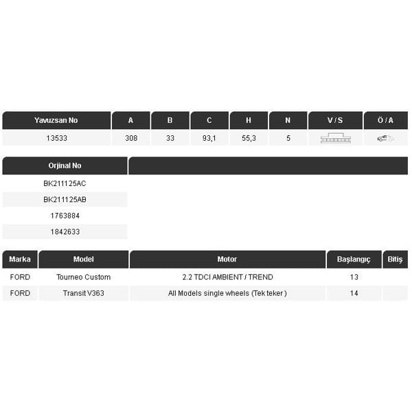 YAVUZSAN 13533 Fren Diski Ön Tourneo Custom V362 12- 2.2 TDCI 308×33×93,1 5 Bijon 