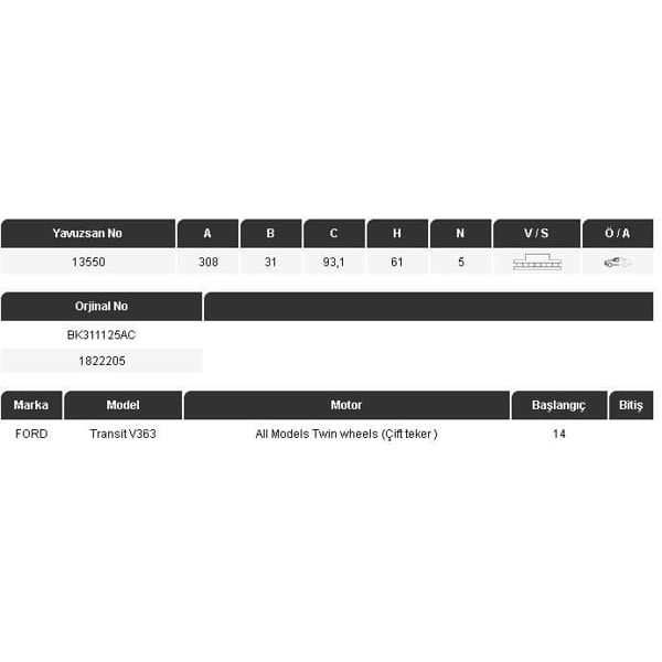 YAVUZSAN 13550 Fren Diski Ön Transit V363 14- 2.2 TDCI Çıft Teker Havalı 5 Bijon 308×31×93,1 5 Bijon