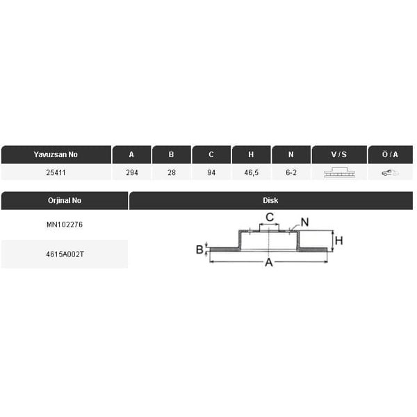 YAVUZSAN 25411 Fren Diski Ön L200 05-12 Pajero Sport 98- 294×28×94 6 Bijon 