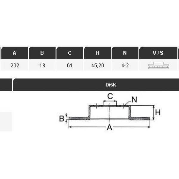 YAVUZSAN 26330 Fren Diski Almera 95-00 1,4I-16V N15 (232×18×4Dl) Ön Ad. 