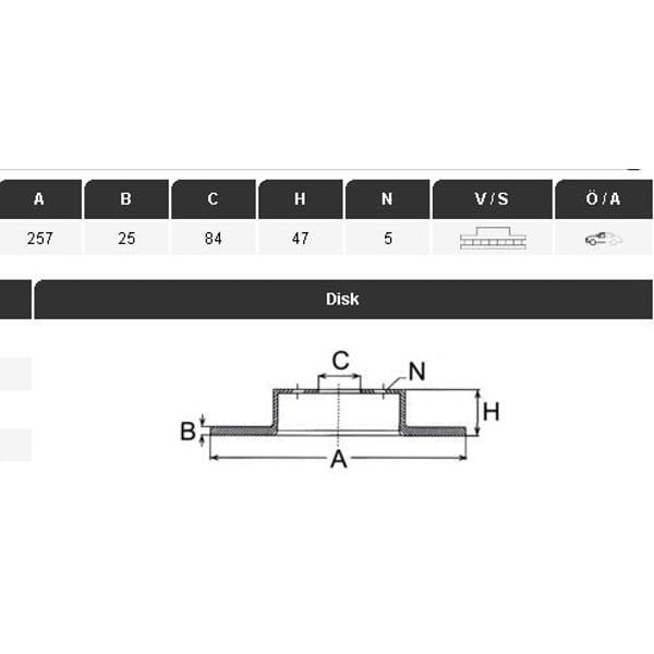 YAVUZSAN 34089 Fren Diski Hıace 82-89 1,8-2,0-2,2D-2,4DHilux 83-88Hilux 97- 2,4D(257×25×5Dl)Ön Haval