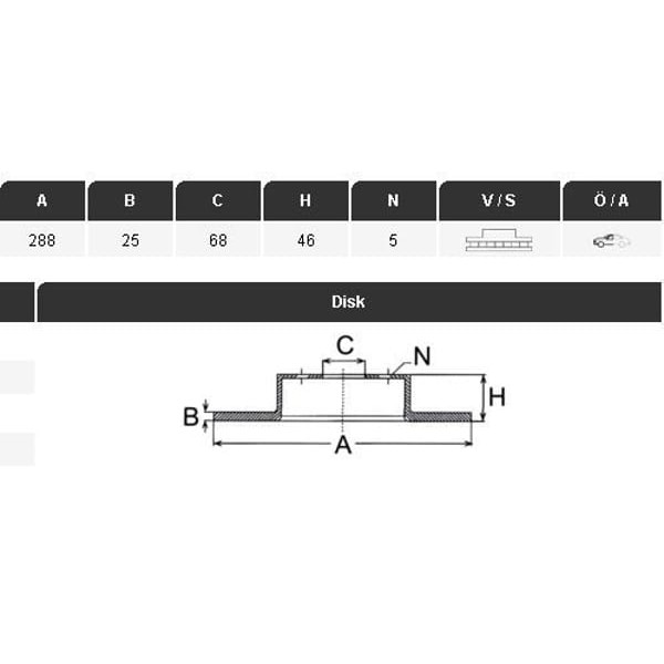 YAVUZSAN 36168 Fren Diski Passat 96-05 1,8-1,9TDIsuperb 02-08A4 95-A6 94- (288×25×5Dl)Havalı Ad.