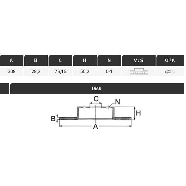 YAVUZSAN 36177 Fren Diski Ön Touareg 7L 02- Transporter T5 03- Transporter T6 15- 16 Jant 308×29,3×7