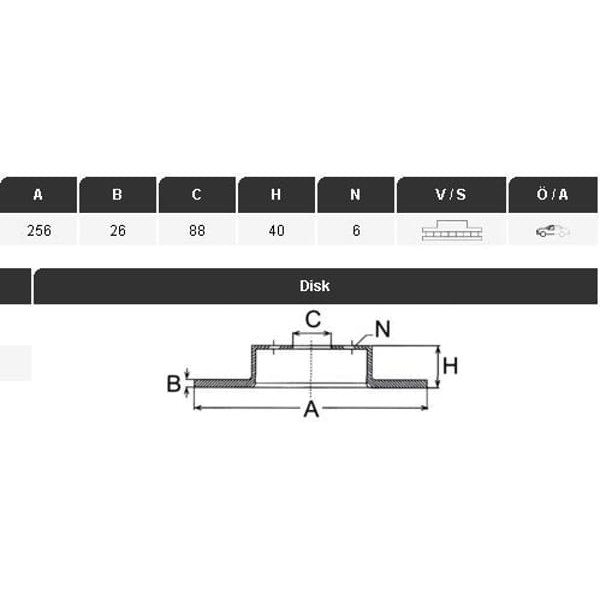 YAVUZSAN 40370 Fren Diski Ön D-Max 02-12 2Wd 256×26×88 6 Bijon 