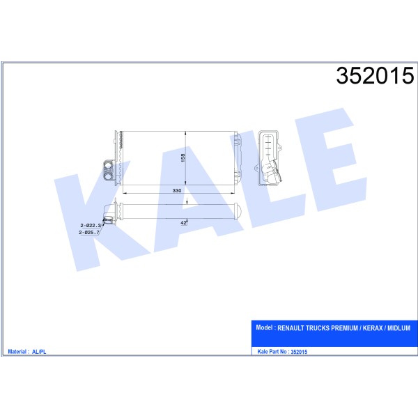 KALE OTO Radyatör 352015 Kalorifer Al/Brz Renault Trucks Premium-Kerax-Mıdlum Kalorifer 330×158×42