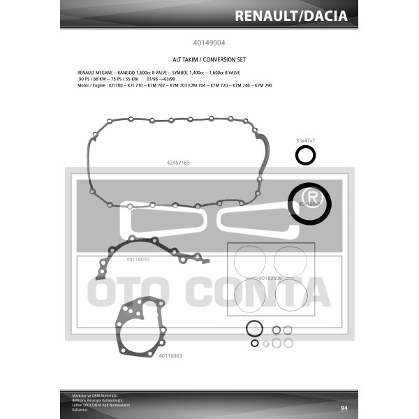 OTO CONTA 40149004 Motor Takım Conta Alt Logan 04- 1.4 8V K7J 1.6 16V K4M Skt Keçelı 