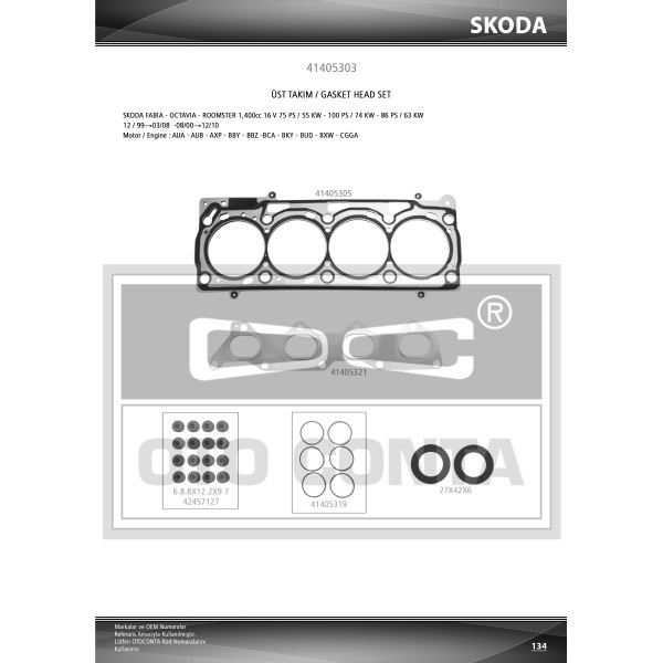 OTO CONTA 41405303 Motor Takım Conta Üst Silindir Kapak Contalı Keçelı Caddy Golf Polo Fabia Octavia 