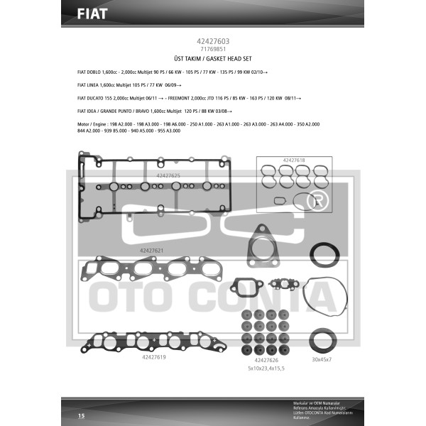 OTO CONTA 42427603 Motor Takım Conta Üst Keçeli Subap Lastikli Skcsız Doblo Linea Punto 1.6 Mtj