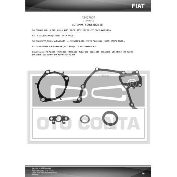 OTO CONTA 42427604 Motor Takım Conta Alt Conta Keçeli Doblo Linea Punto 1.6 Mtj 