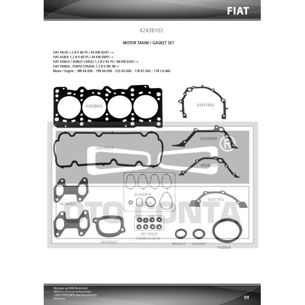 OTO CONTA 42428102 Palio - Doblo 1,2 8 V Full Takım Conta Keçeli Subap Lastıklı Çelik Skc'Lı