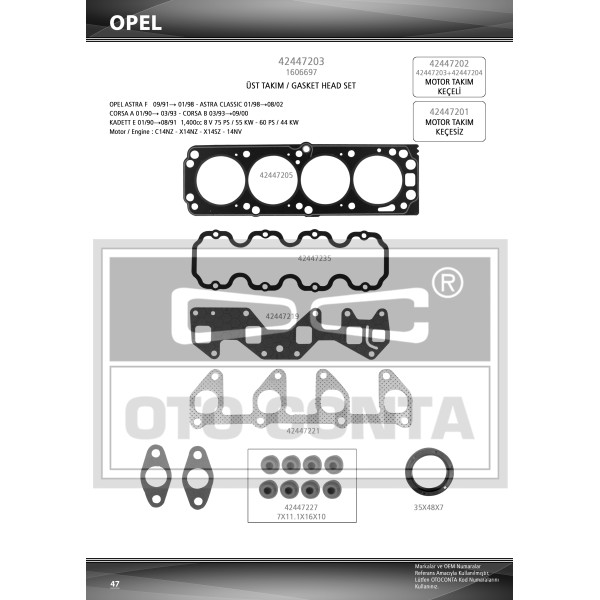 OTO CONTA 42447203 Motor Takım Conta Üst Astra F Corsa A B Combo Kadett E 1.4 C14Se Keçelı 