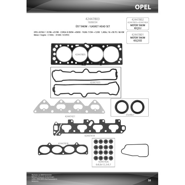 OTO CONTA 42447803 Motor Takım Conta Üst Astra F G Corsa B C Combo Tigra 1.4 C14Sel X14Xe 