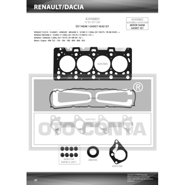 OTO CONTA 42456803 Motor Takım Conta Full Otoconta Teflon Keçeli Skclı Subap Lastikli CLIO Kangoo Me 