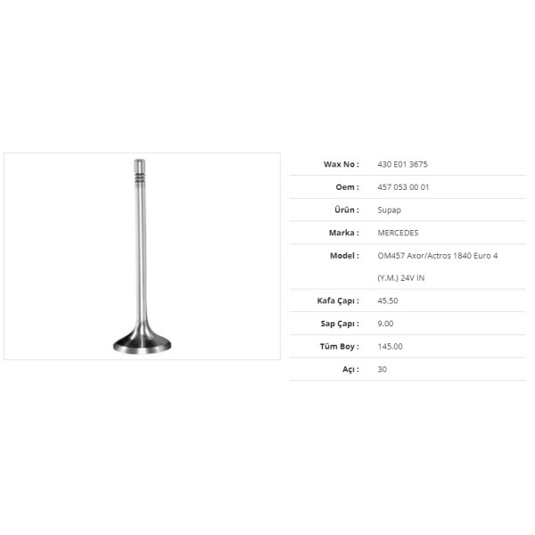 WAX 430 E01 3675 Subap Emme Mercedes Om457 Axor/Actros1840 Euro 4 (Ym) 24V 45,5Kx9Sx145Bx30A (12Adet