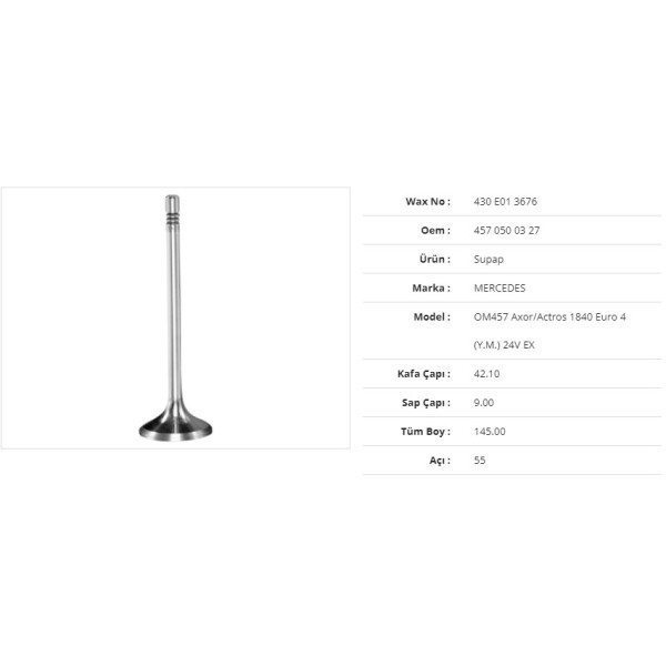 WAX 430 E01 3676 Subap Egzoz Mercedes Om457 Axor/Actros1840 Euro 4 (Ym) 24V 42,1Kx9Sx145Bx55A (12Ade 