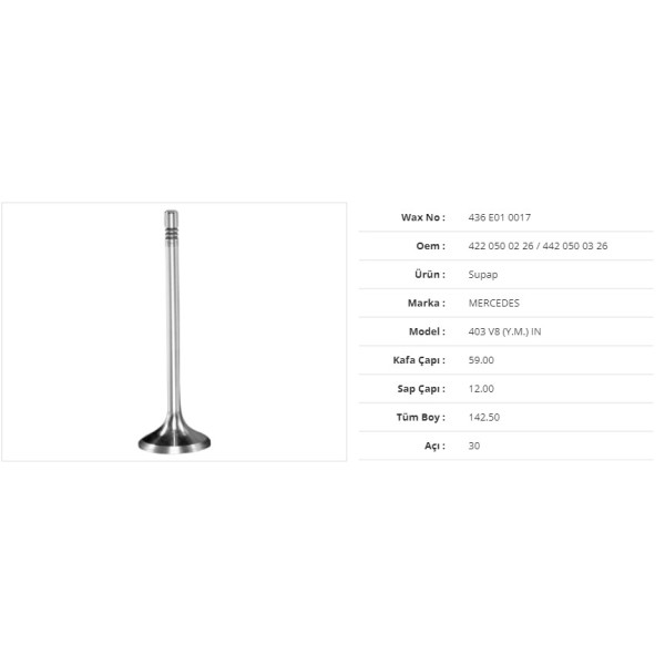 WAX 436 E01 0017 Subap Emme Mercedes Om 0303/403 V8 (Y.M.) 59Kx12Sx142,5Bx30A (8Adet) 
