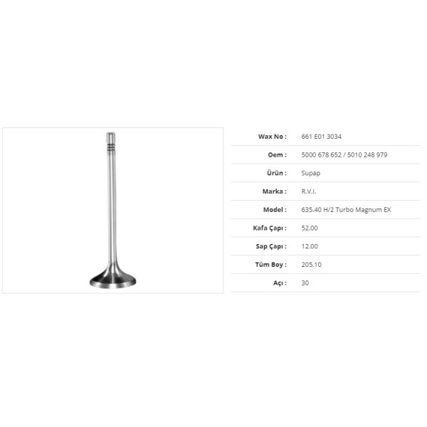 WAX 661 E01 3034 Subap Egzoz Renault 635.40 H/2 Turbo Magnum 52Kx12Sx205,1Bx30A (6Adet) 