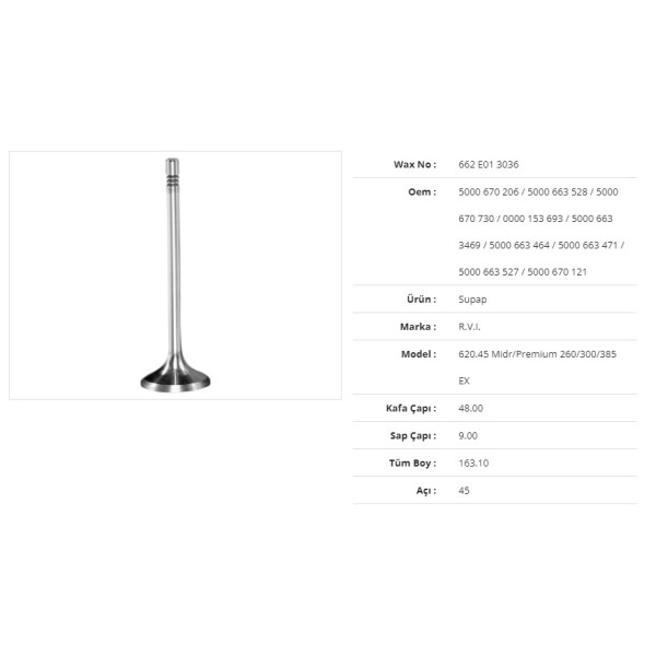 WAX 662 E01 3036 Subap Egzoz Renault 620.45 Mıdr/Premium 260/300/385 48Kx9Sx163,1Bx45A (6Adet) 