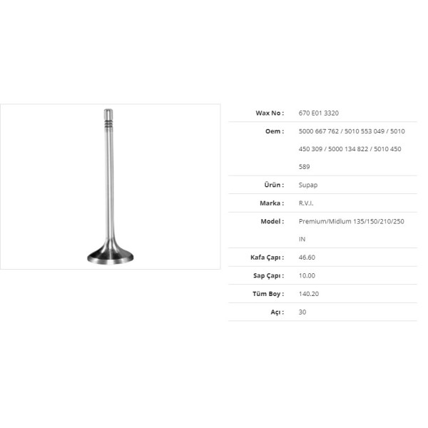 WAX 670 E01 3320 Subap Emme Renault Premium/Mıdlum 135/150/210/250 46,6Kx10Sx140,2Bx30A (6Adet) 