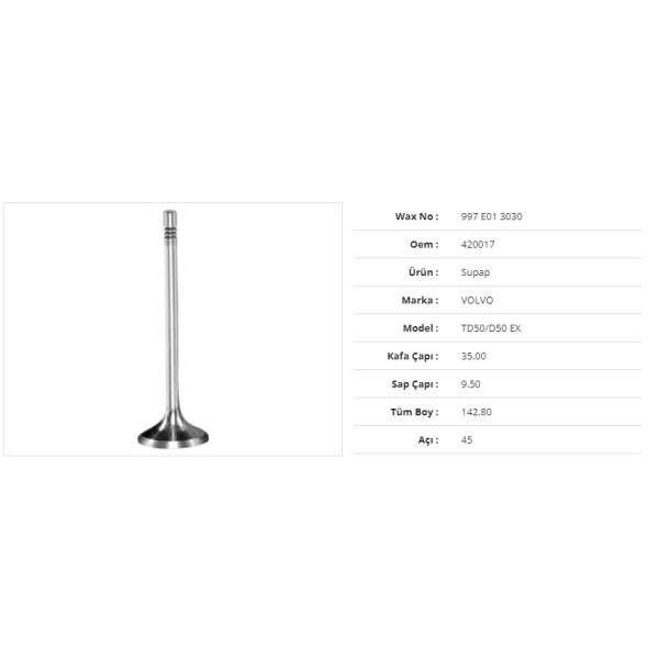 WAX 997 E01 3030 Subap Egzoz Volvo Td50/D50 35Kx9,5Sx142,8Bx45A (6Adet)