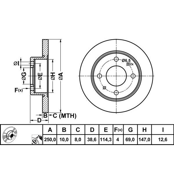 Fren Diski Arka Colt 04-;12 / Forfour 04-;06 D&uuml;z 250Mm 