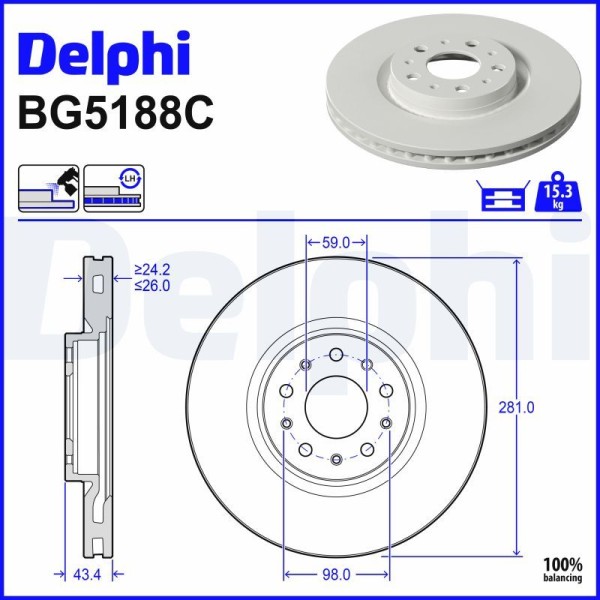 DELPHI BG5188C FREN DISKI ON HAVALI FIAT EGEA 20 281X26X43.4 5 DELIK 